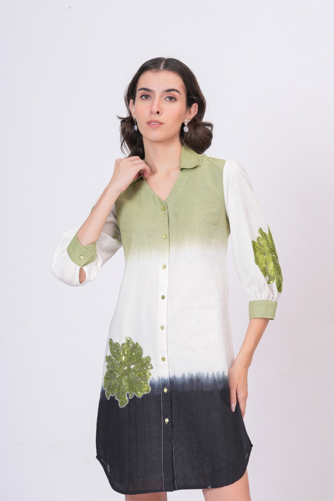 Elegant Green & White Bloom Embroidered Cotton Shirt Dress
