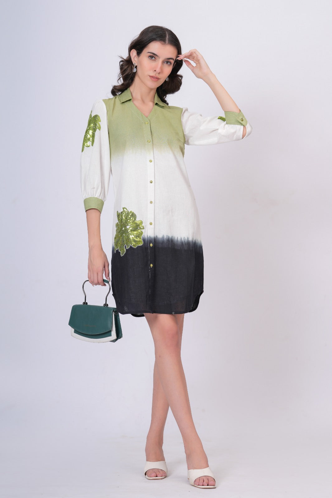 Elegant Green & White Bloom Embroidered Cotton Shirt Dress