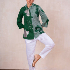 Elegant Forest Green Cotton Embroidered Collar Shirt