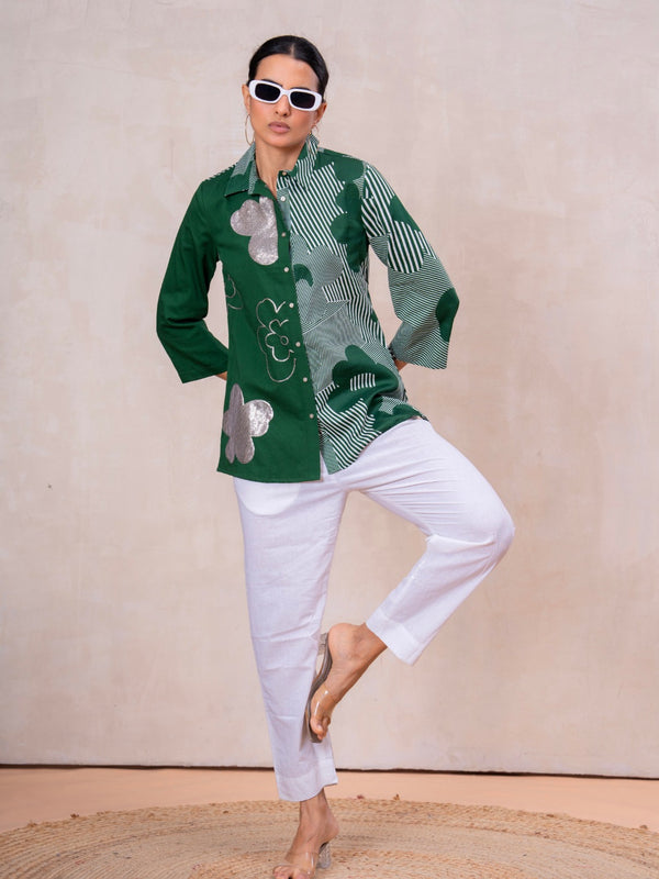 Elegant Forest Green Cotton Embroidered Collar Shirt