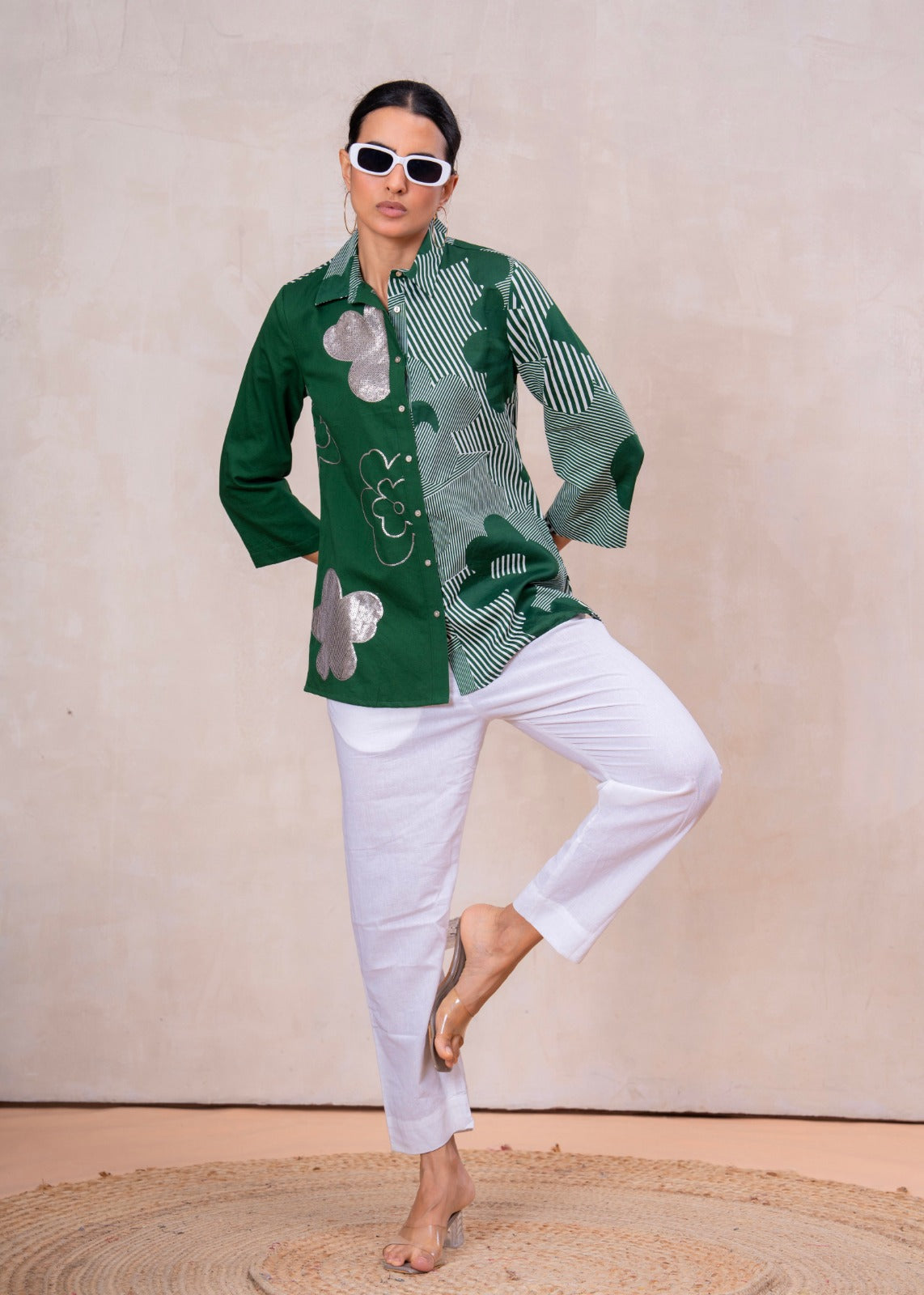 Elegant Forest Green Cotton Embroidered Collar Shirt