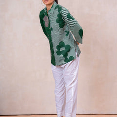 Elegant Forest Green Cotton Embroidered Collar Shirt