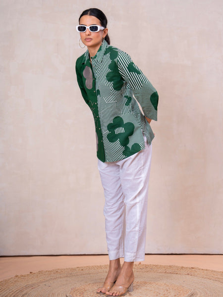 Elegant Forest Green Cotton Embroidered Collar Shirt