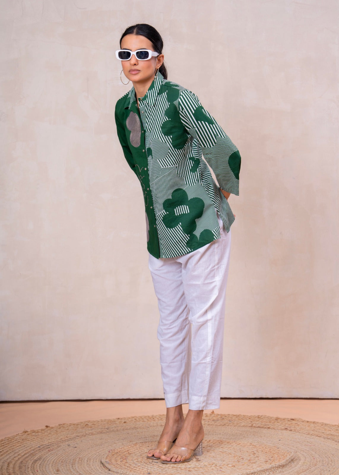 Elegant Forest Green Cotton Embroidered Collar Shirt