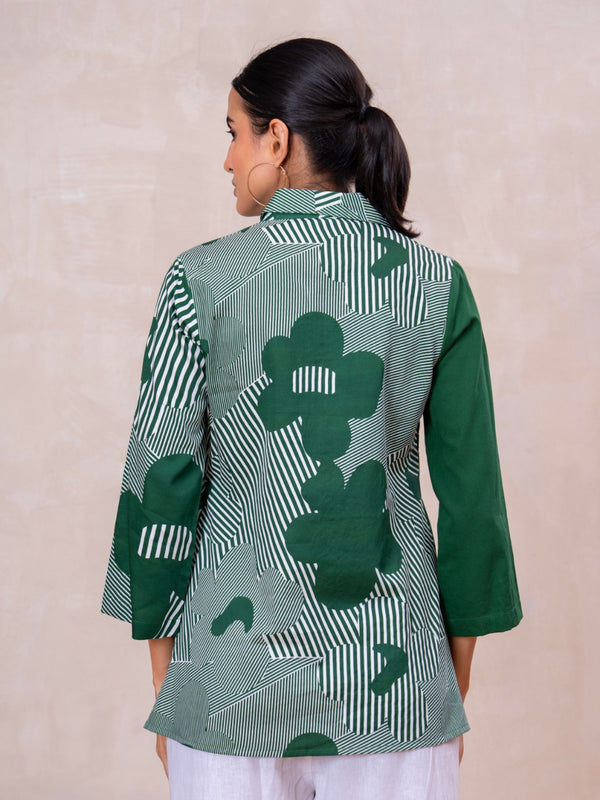 Elegant Forest Green Cotton Embroidered Collar Shirt