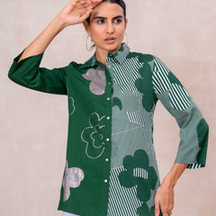 Elegant Forest Green Cotton Embroidered Collar Shirt