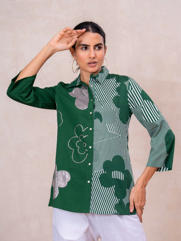 Elegant Forest Green Cotton Embroidered Collar Shirt