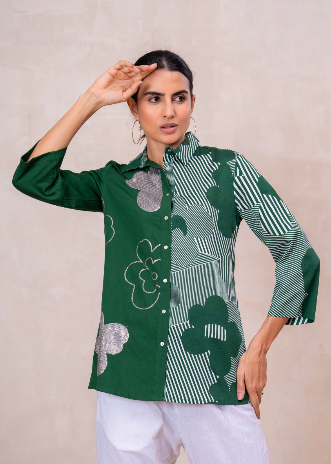 Elegant Forest Green Cotton Embroidered Collar Shirt