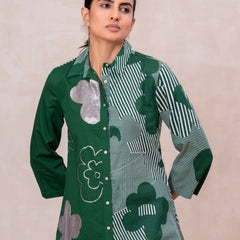 Elegant Forest Green Cotton Embroidered Collar Shirt