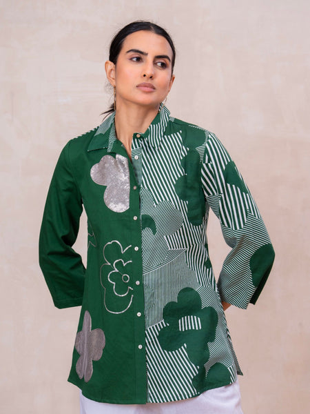 Elegant Forest Green Cotton Embroidered Collar Shirt