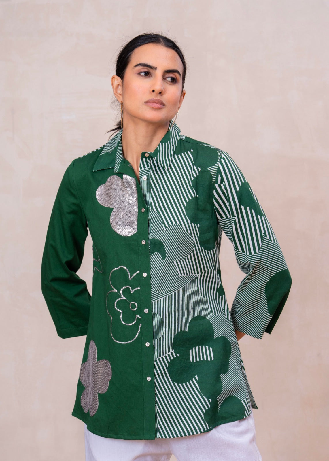 Elegant Forest Green Cotton Embroidered Collar Shirt