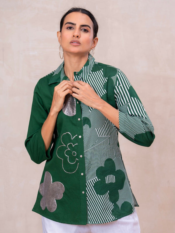 Elegant Forest Green Cotton Embroidered Collar Shirt
