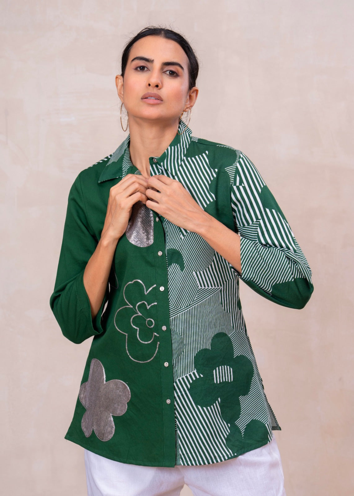 Elegant Forest Green Cotton Embroidered Collar Shirt