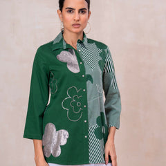 Elegant Forest Green Cotton Embroidered Collar Shirt