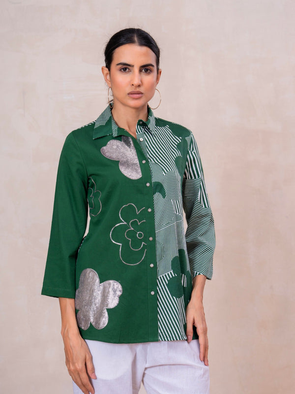 Elegant Forest Green Cotton Embroidered Collar Shirt