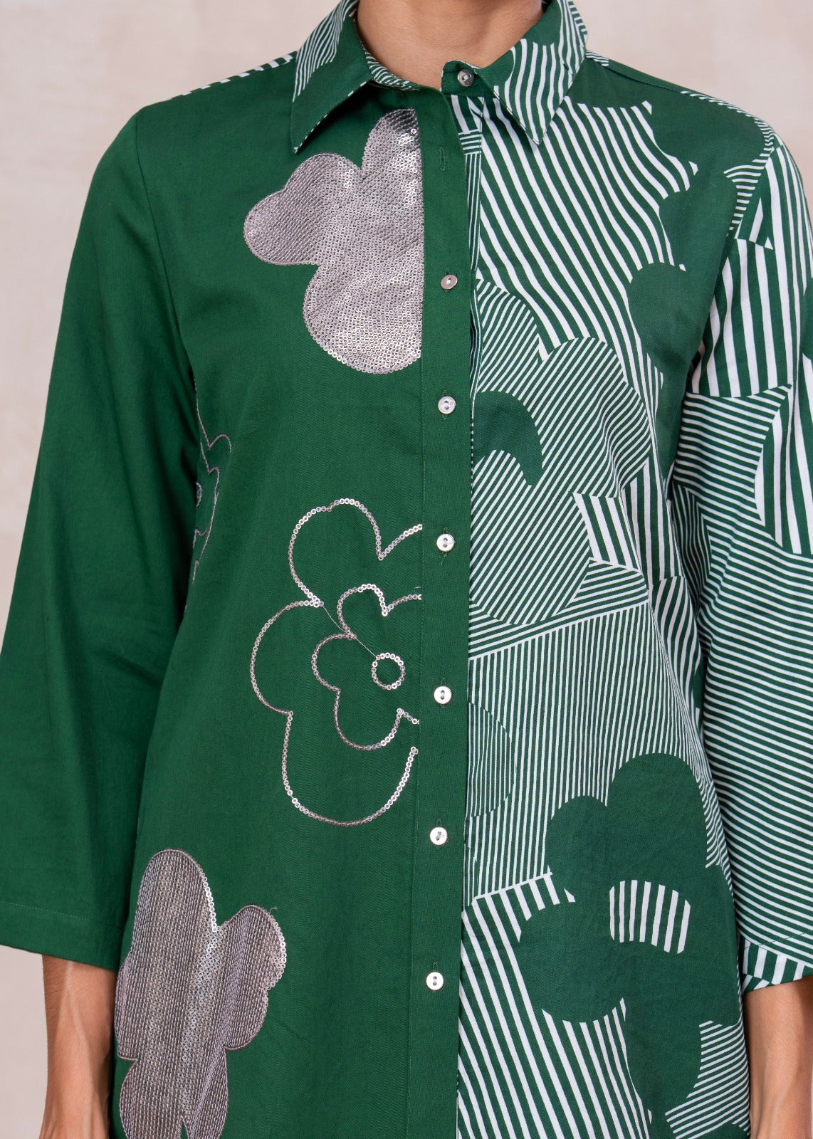 Elegant Forest Green Cotton Embroidered Collar Shirt