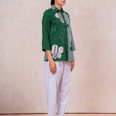 Elegant Forest Green Cotton Embroidered Collar Shirt