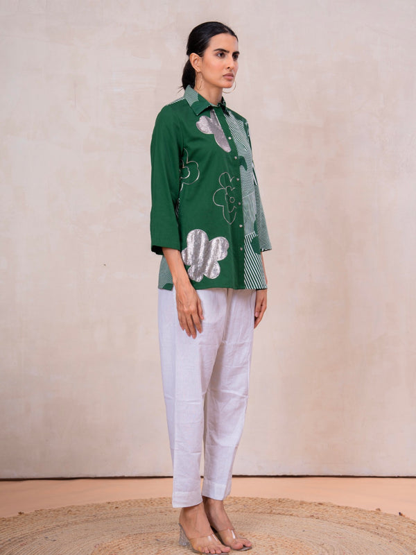 Elegant Forest Green Cotton Embroidered Collar Shirt