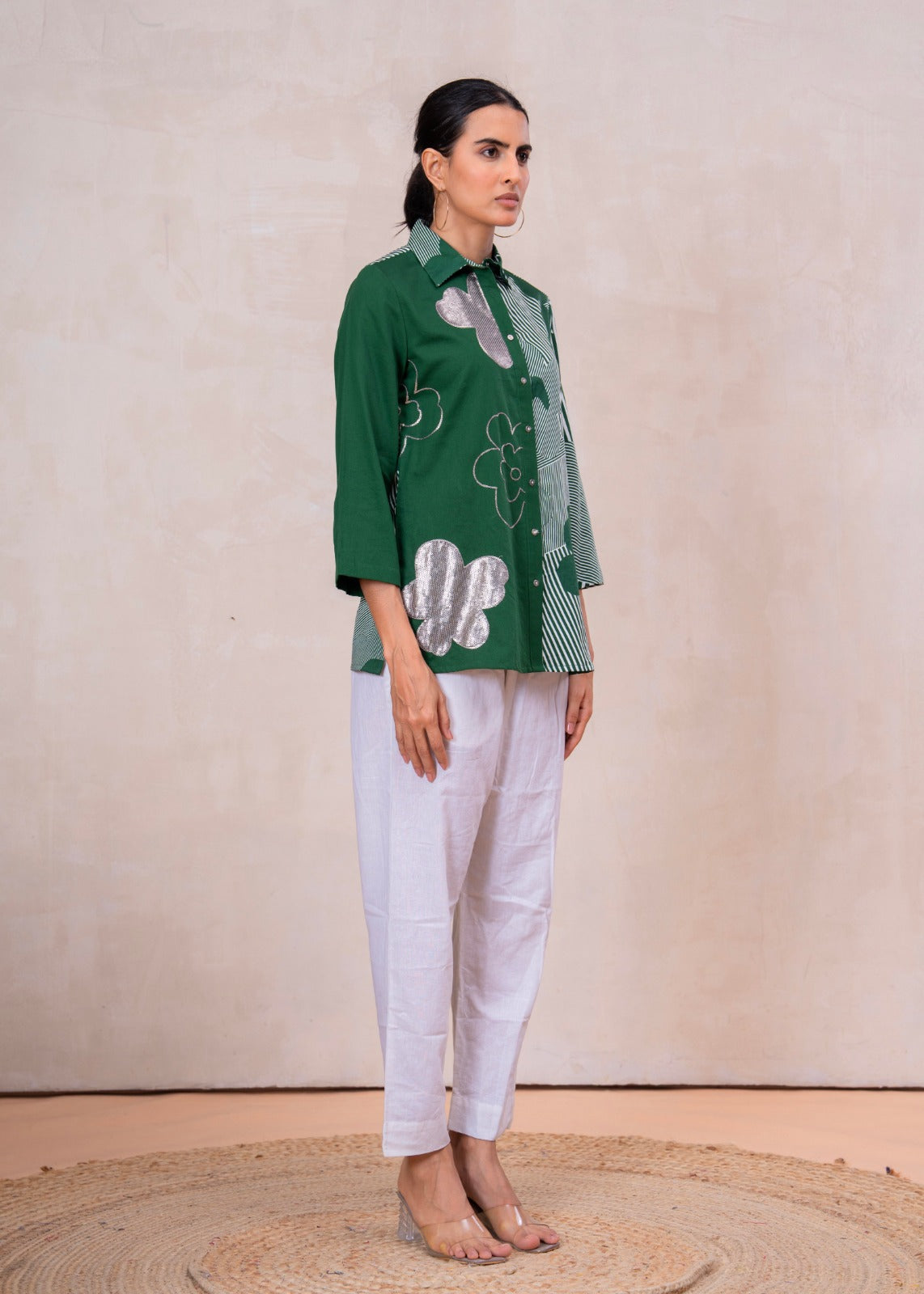 Elegant Forest Green Cotton Embroidered Collar Shirt
