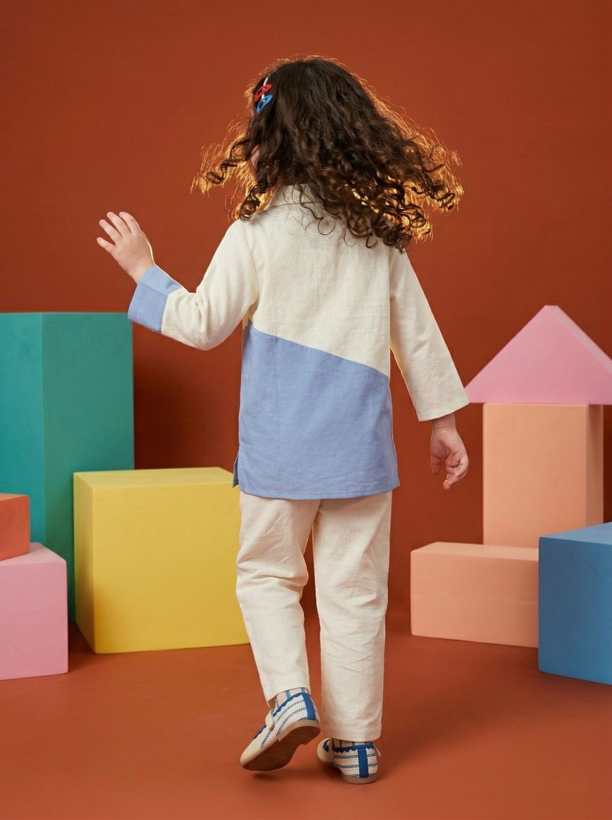 Girls' Cream & Sky Blue Tomato Print Shirt and Pant Co-Ord Set