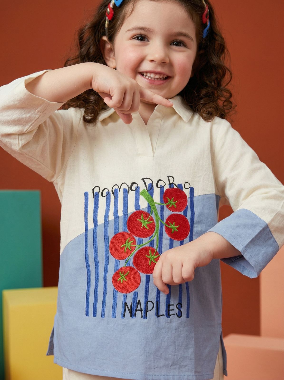 Girls' Cream & Sky Blue Tomato Print Shirt and Pant Co-Ord Set