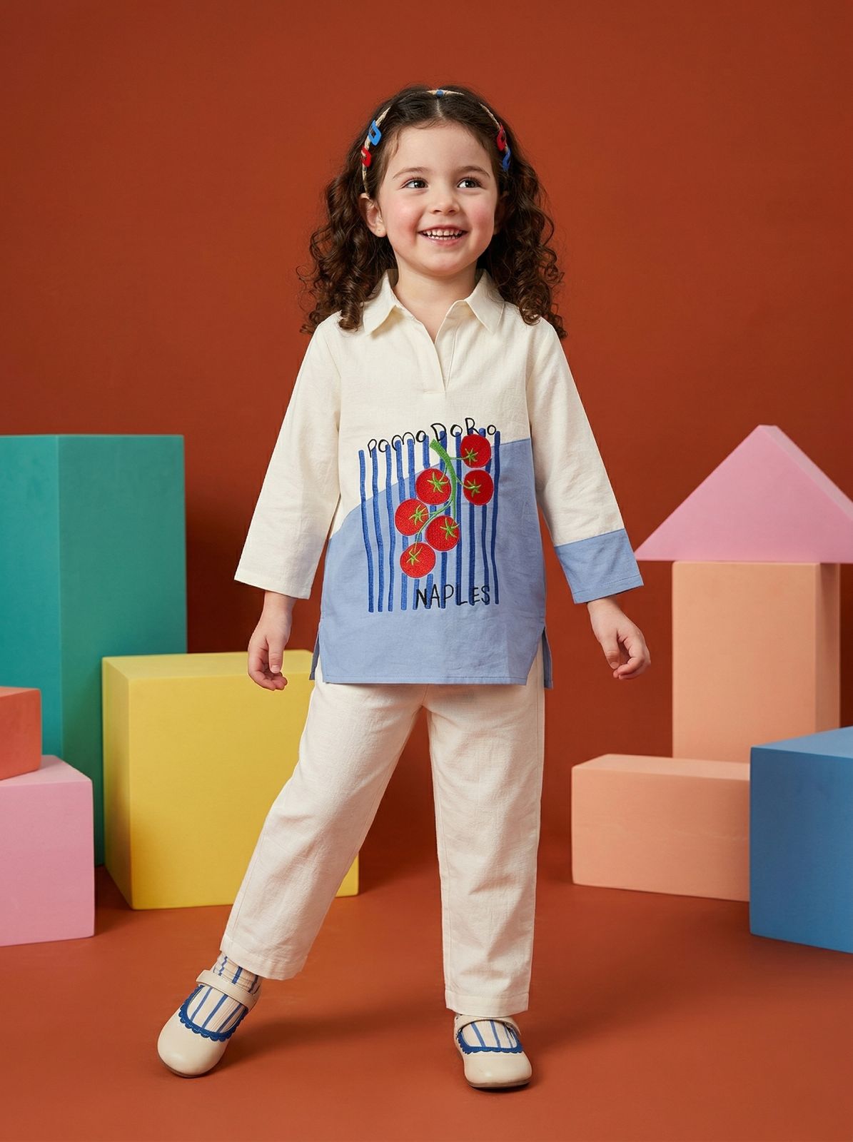 Girls' Cream & Sky Blue Tomato Print Shirt and Pant Co-Ord Set