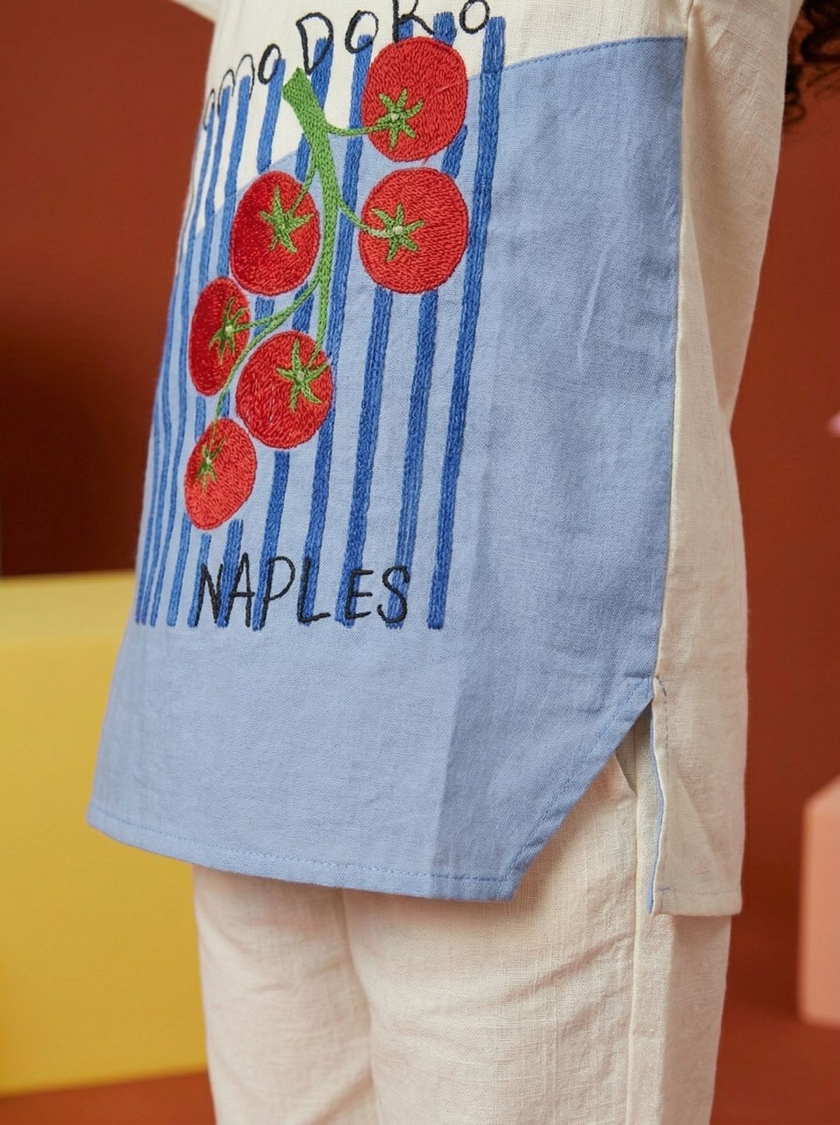 Girls' Cream & Sky Blue Tomato Print Shirt and Pant Co-Ord Set
