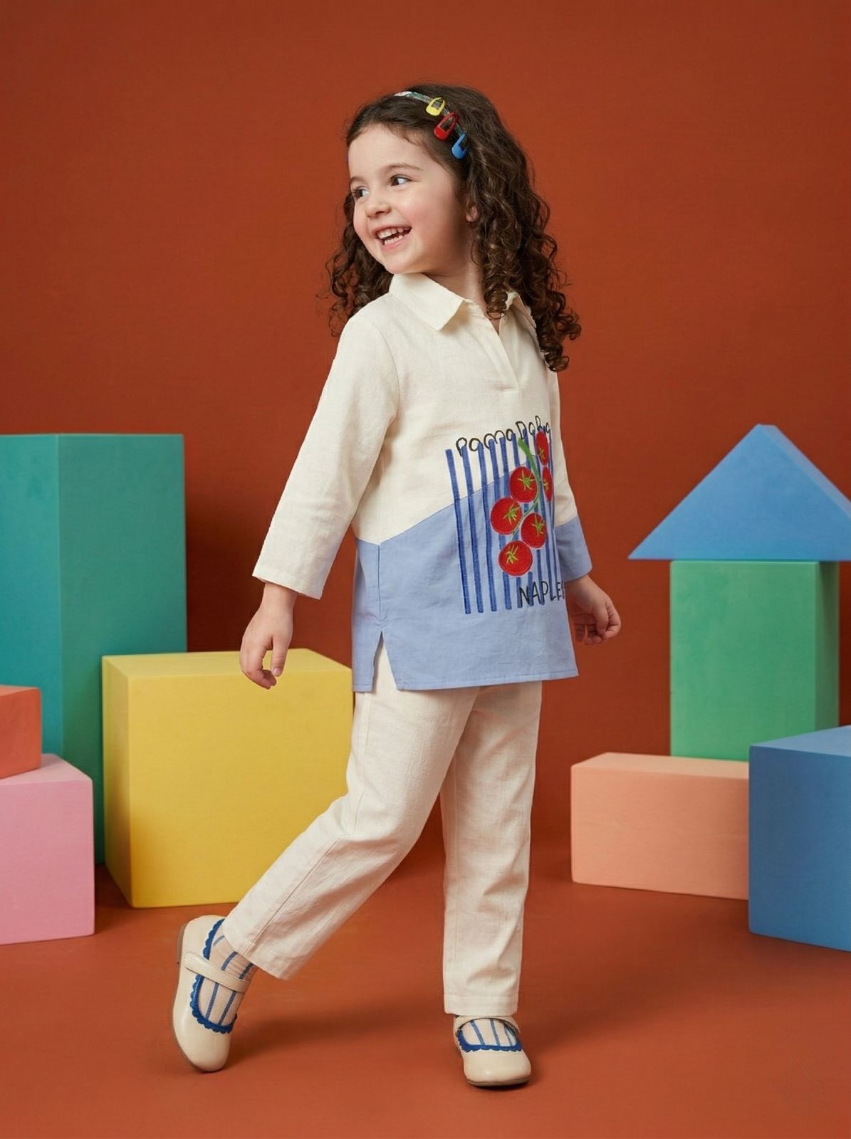 Girls' Cream & Sky Blue Tomato Print Shirt and Pant Co-Ord Set