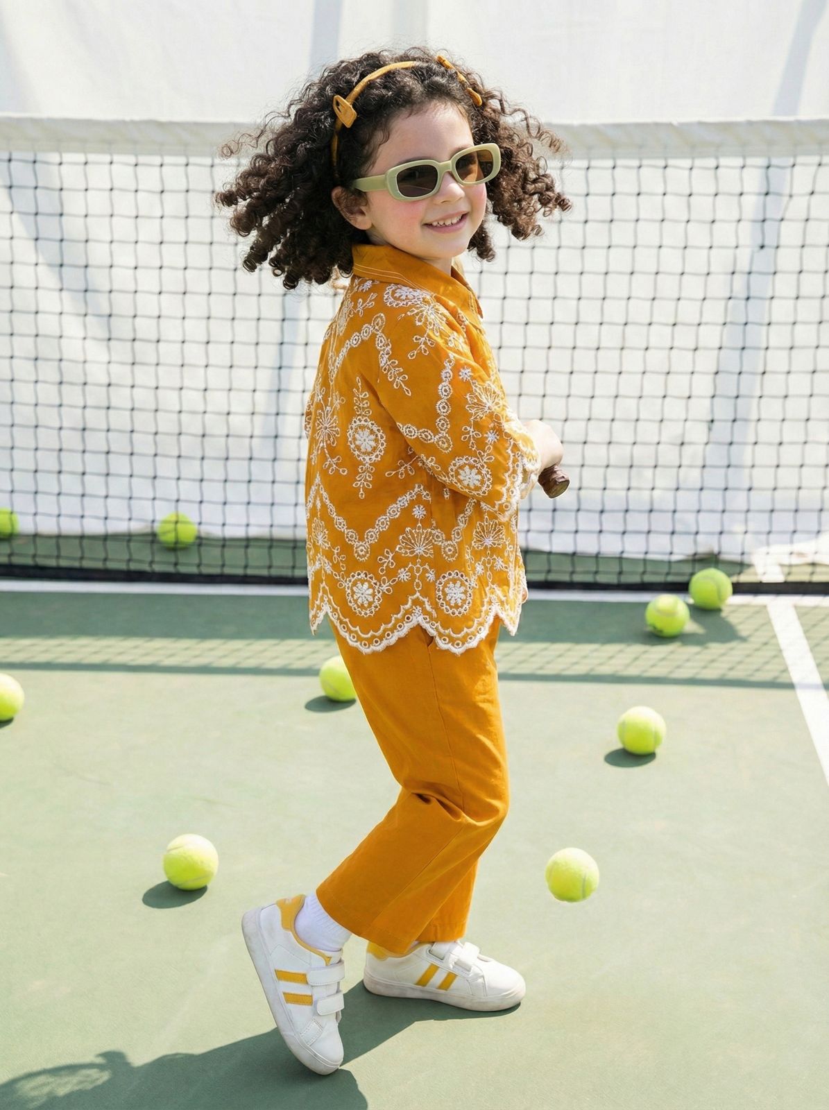 Girls' Mustard Yellow Floral Embroidered Shirt and Pant Co-Ord Set
