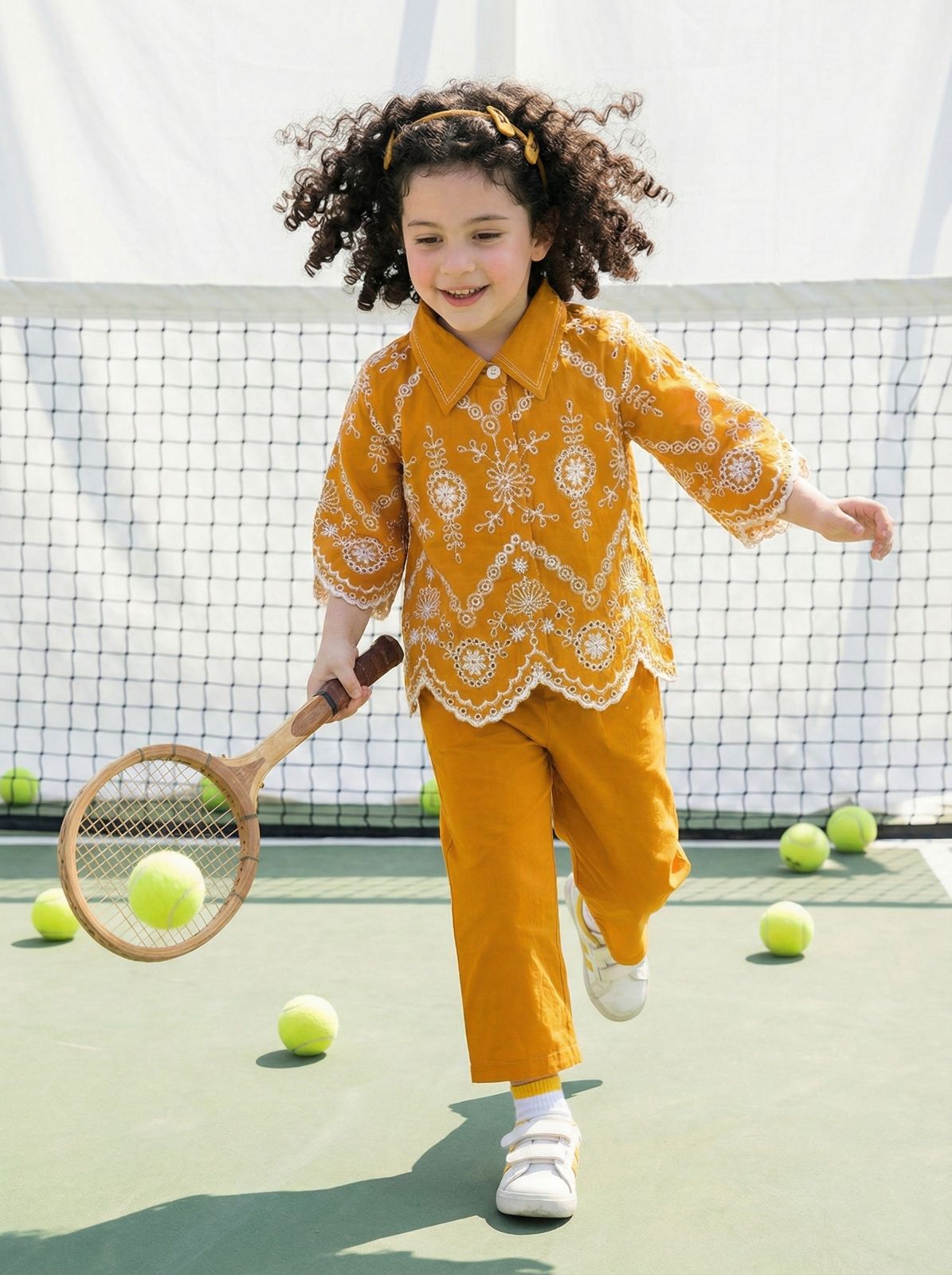 Girls' Mustard Yellow Floral Embroidered Shirt and Pant Co-Ord Set