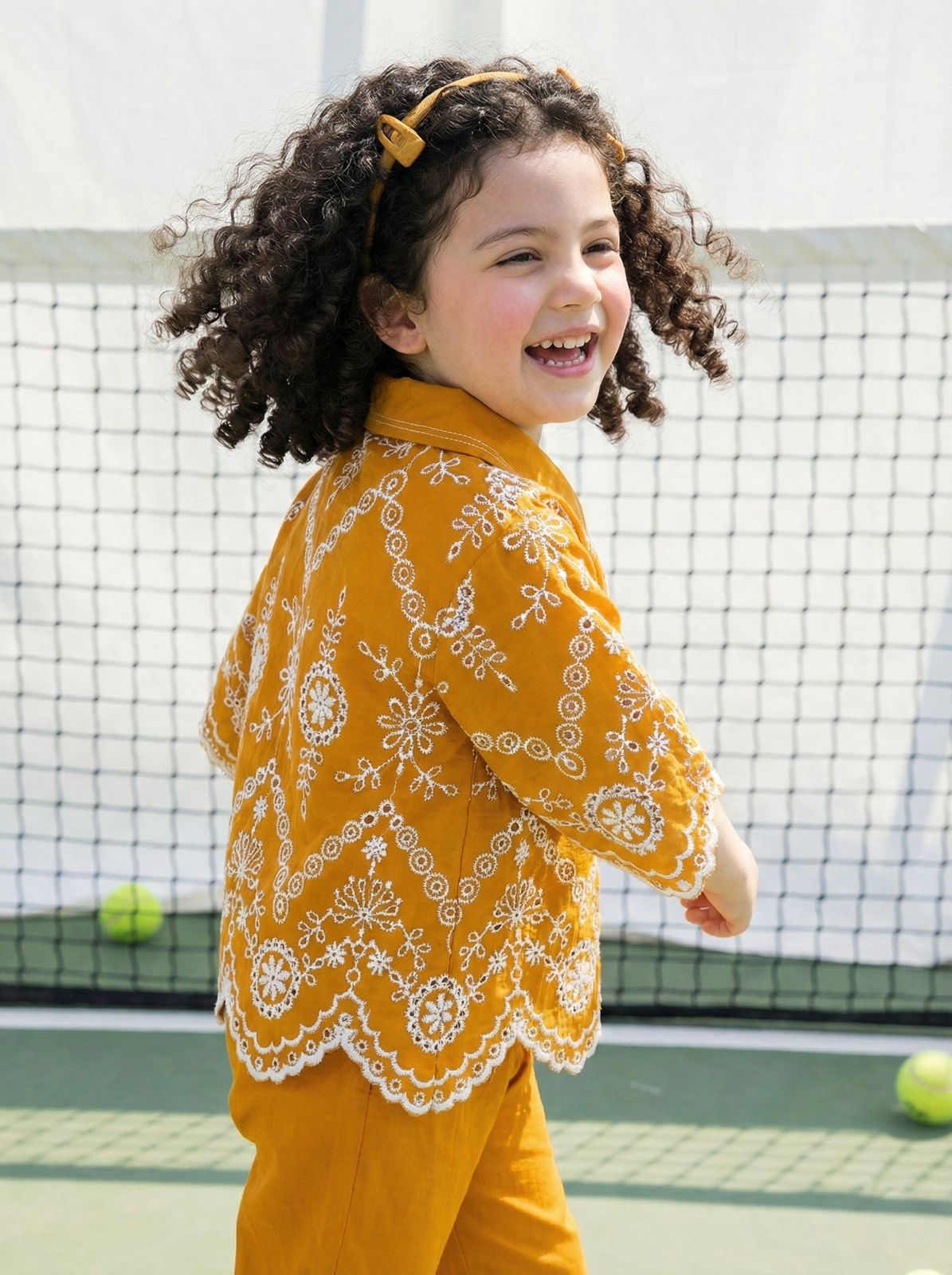 Girls' Mustard Yellow Floral Embroidered Shirt and Pant Co-Ord Set