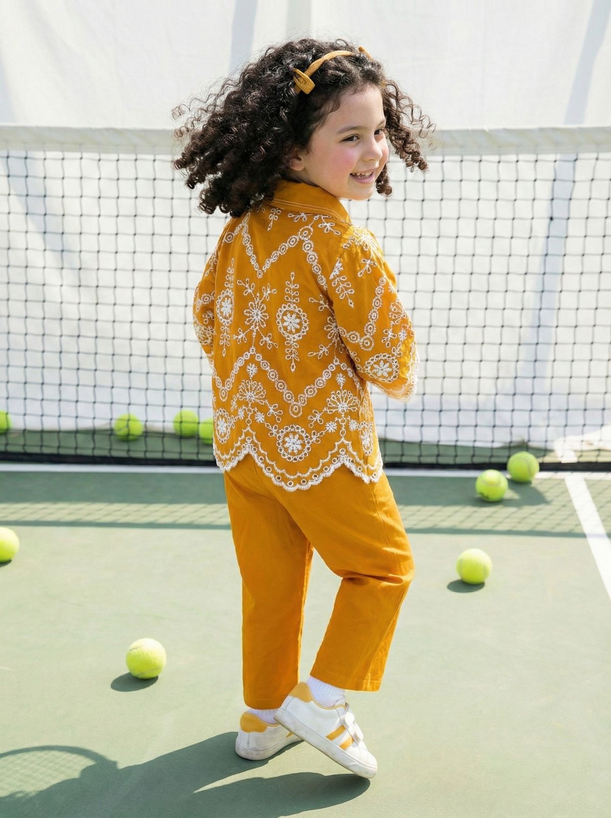 Girls' Mustard Yellow Floral Embroidered Shirt and Pant Co-Ord Set
