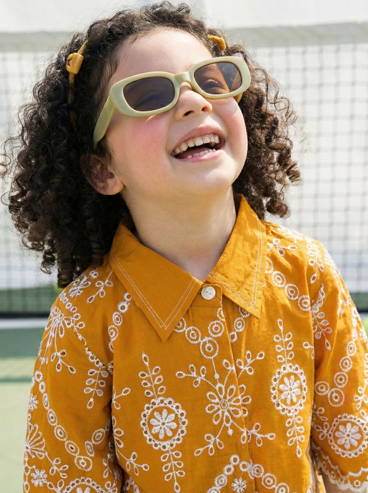 Girls' Mustard Yellow Floral Embroidered Shirt and Pant Co-Ord Set