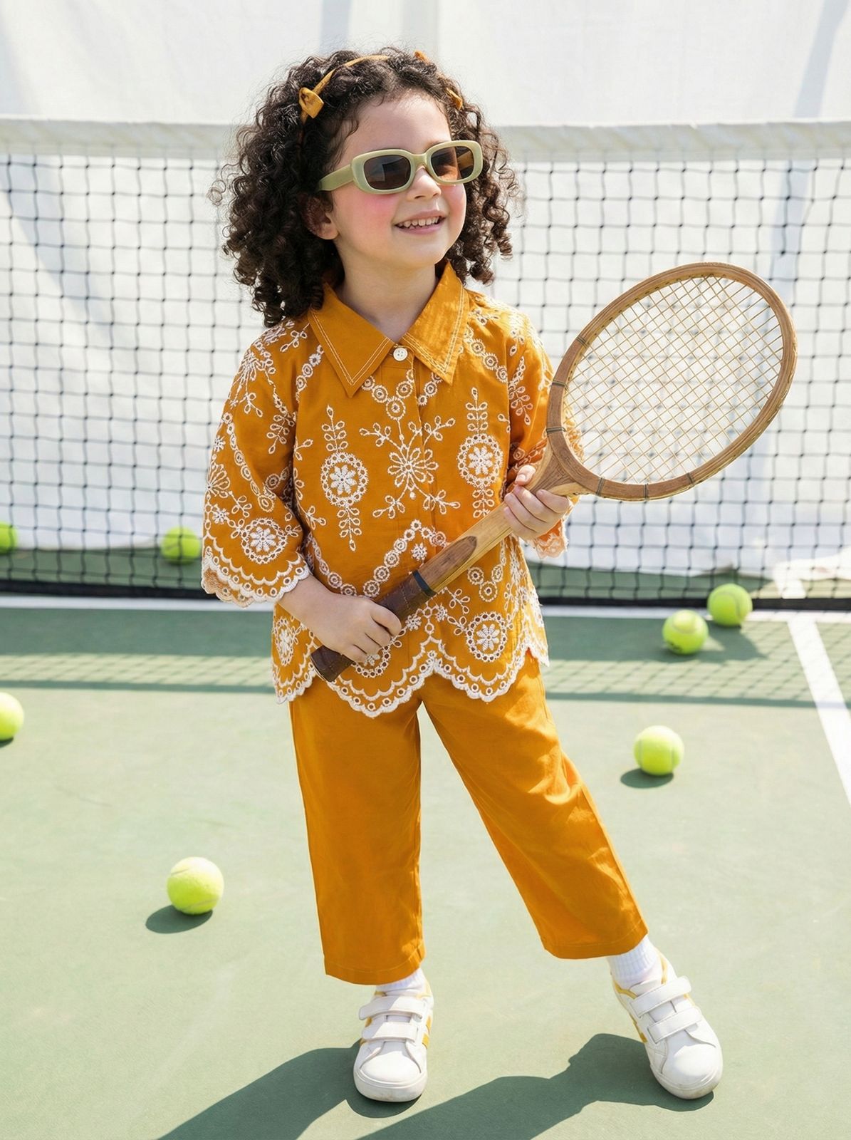 Girls' Mustard Yellow Floral Embroidered Shirt and Pant Co-Ord Set