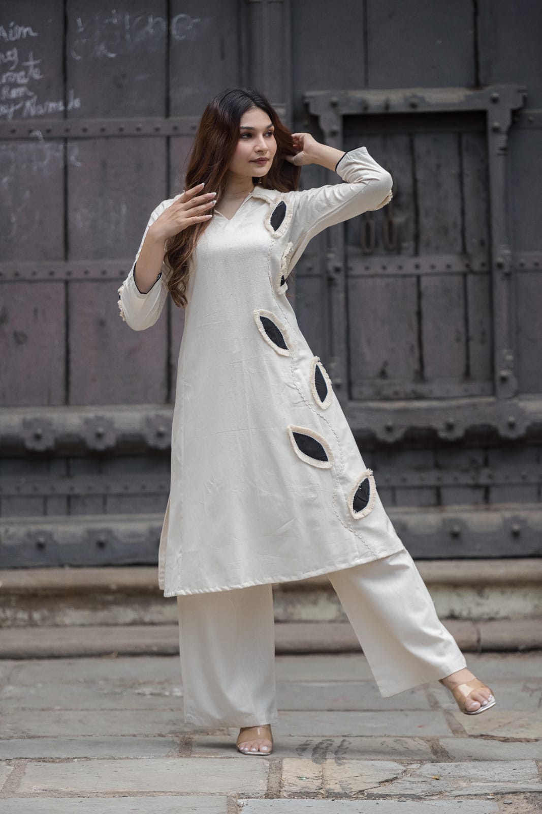 Elegant Ivory A-Line Co-Ord Set with Leaf Cutwork Detailing