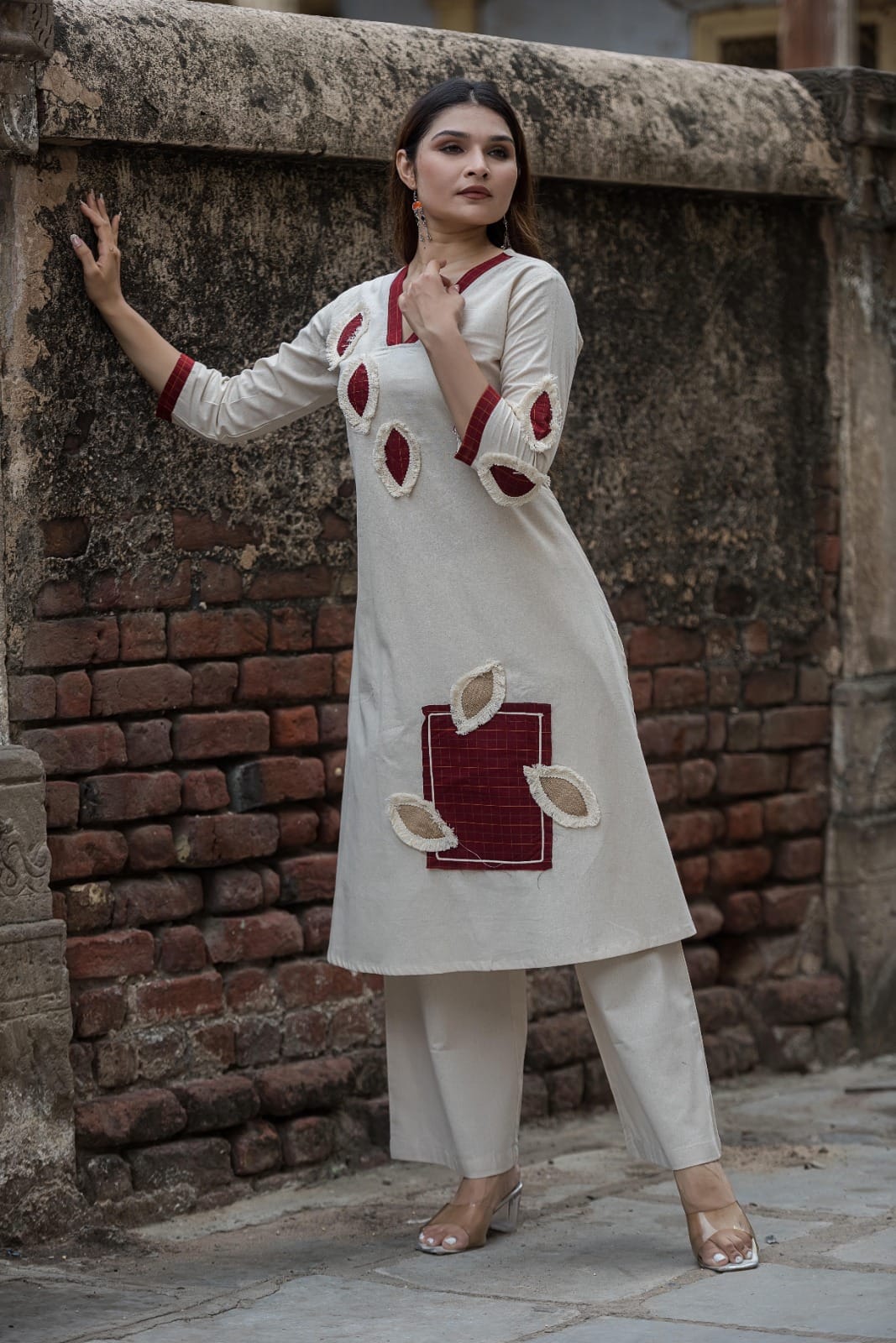 Ivory Contemporary Patchwork Kurta Pant Ensemble