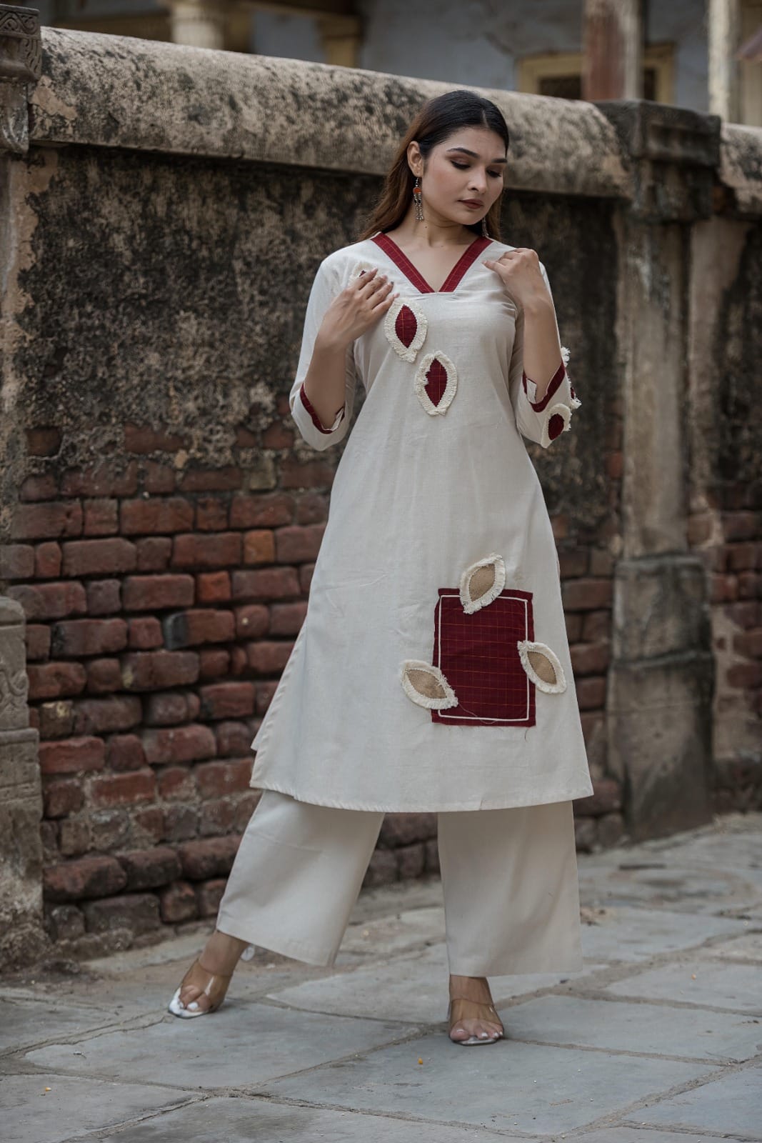 Ivory Contemporary Patchwork Kurta Pant Ensemble