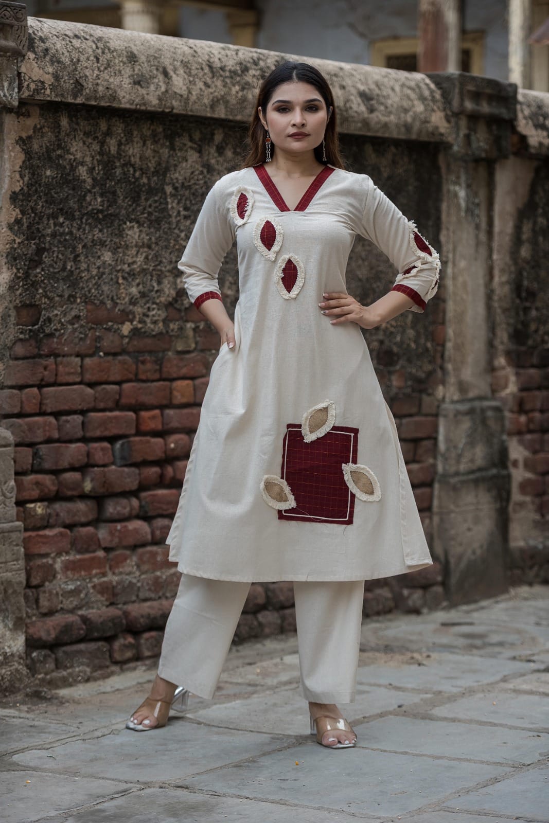 Ivory Contemporary Patchwork Kurta Pant Ensemble