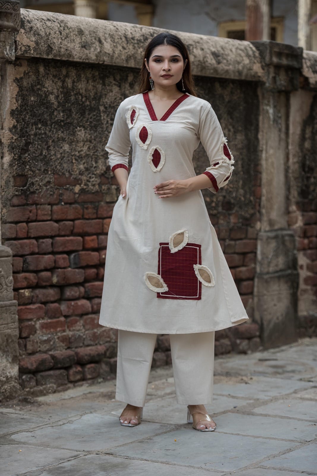 Ivory Contemporary Patchwork Kurta Pant Ensemble