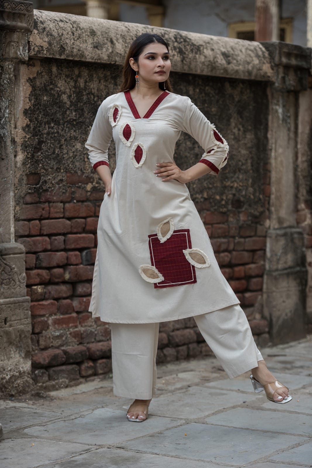 Ivory Contemporary Patchwork Kurta Pant Ensemble