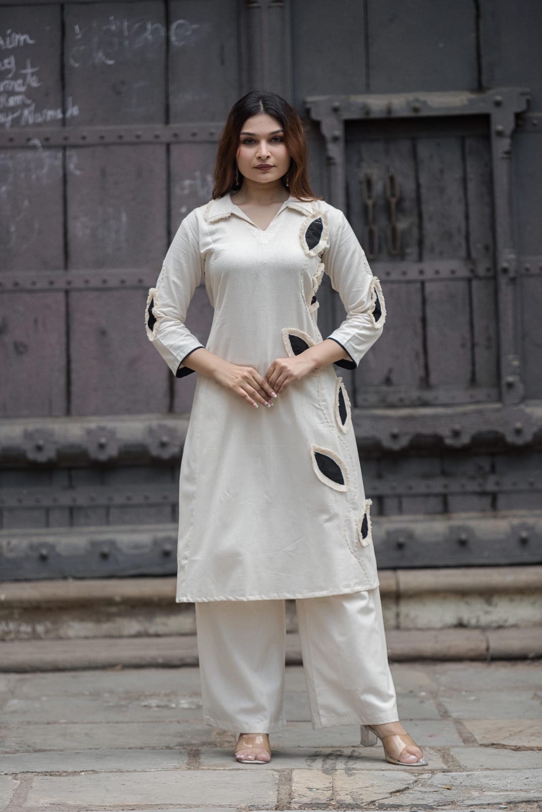 Elegant Ivory A-Line Co-Ord Set with Leaf Cutwork Detailing