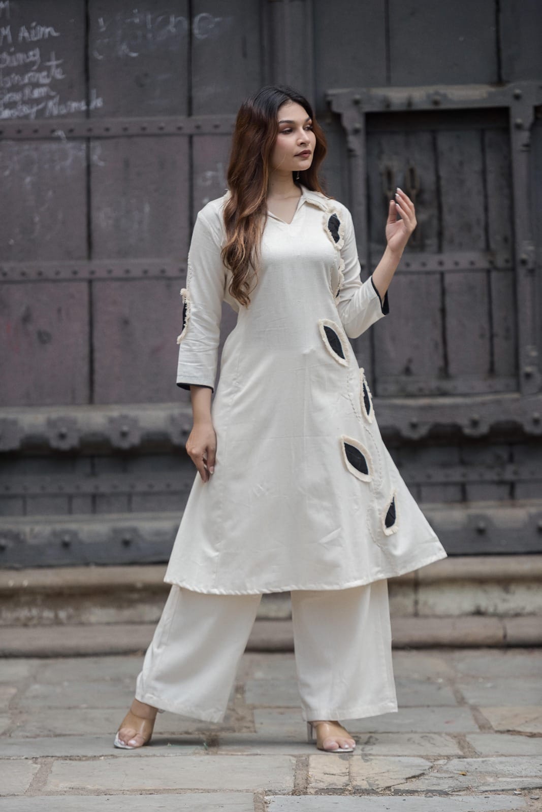 Elegant Ivory A-Line Co-Ord Set with Leaf Cutwork Detailing