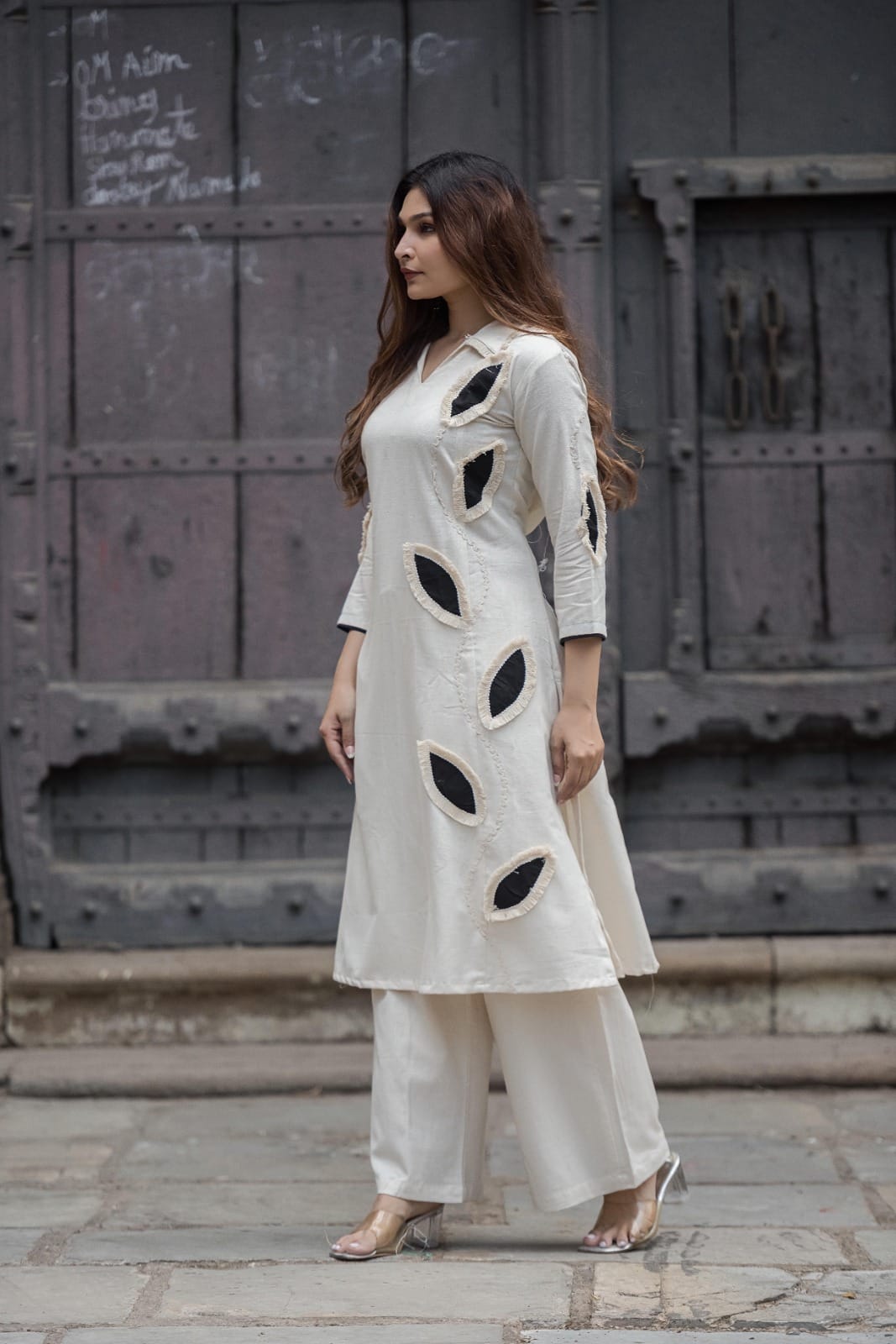 Elegant Ivory A-Line Co-Ord Set with Leaf Cutwork Detailing