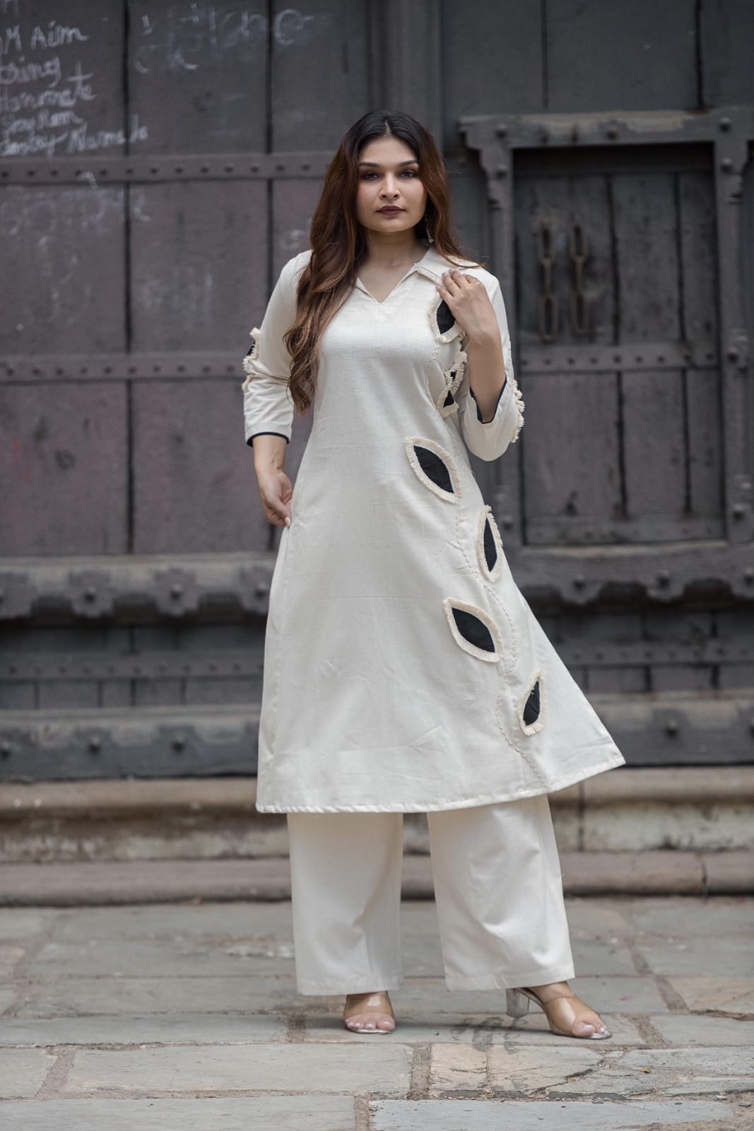 Elegant Ivory A-Line Co-Ord Set with Leaf Cutwork Detailing