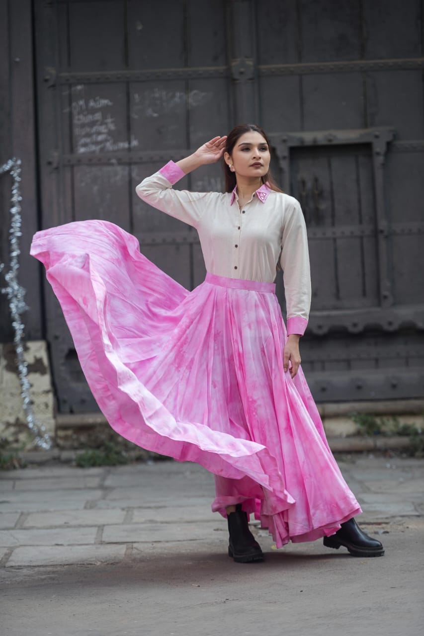 Ivory Contrast Collar Shirt with Pink Flared Maxi Skirt