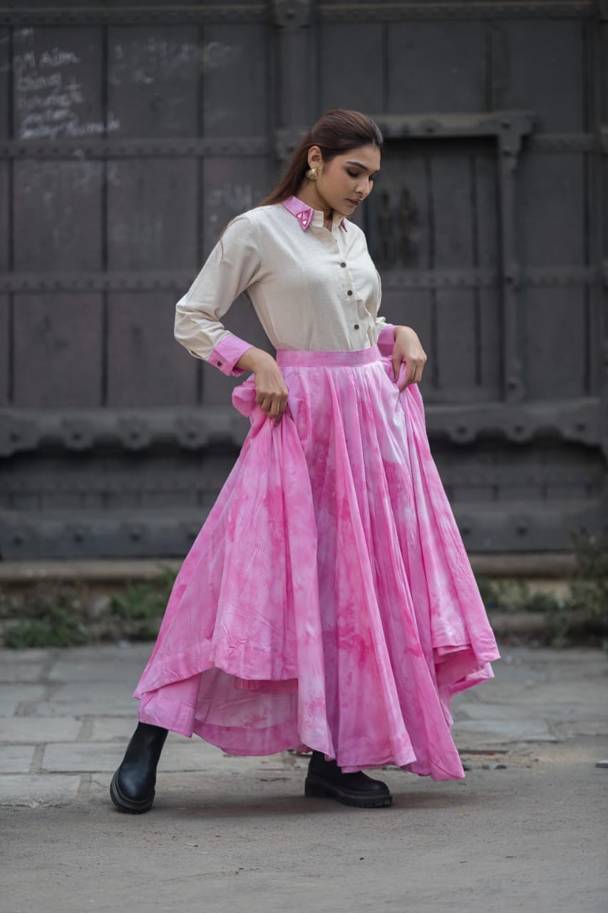 Ivory Contrast Collar Shirt with Pink Flared Maxi Skirt