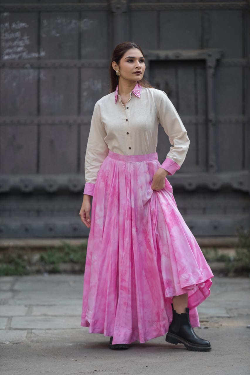 Ivory Contrast Collar Shirt with Pink Flared Maxi Skirt