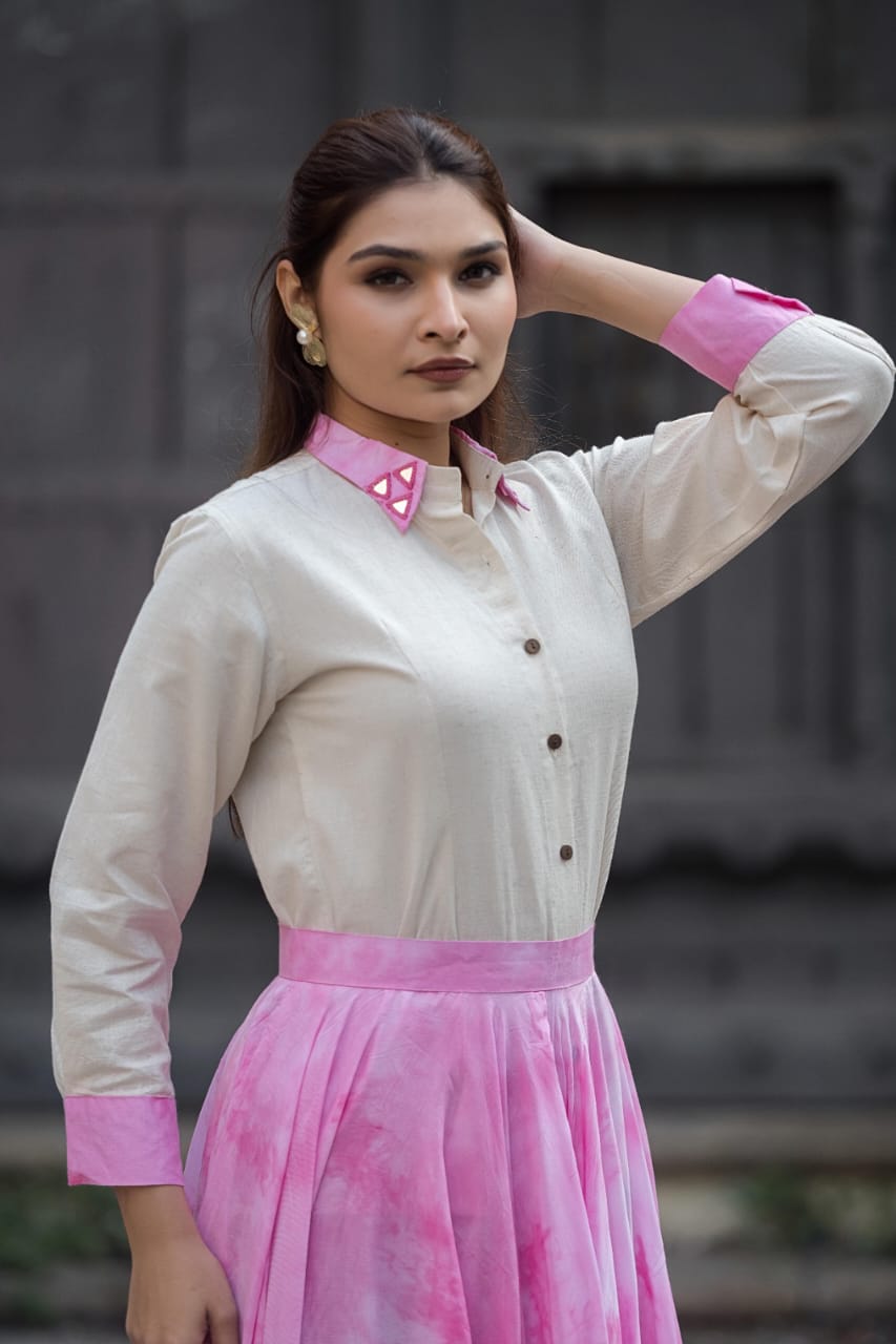 Ivory Contrast Collar Shirt with Pink Flared Maxi Skirt