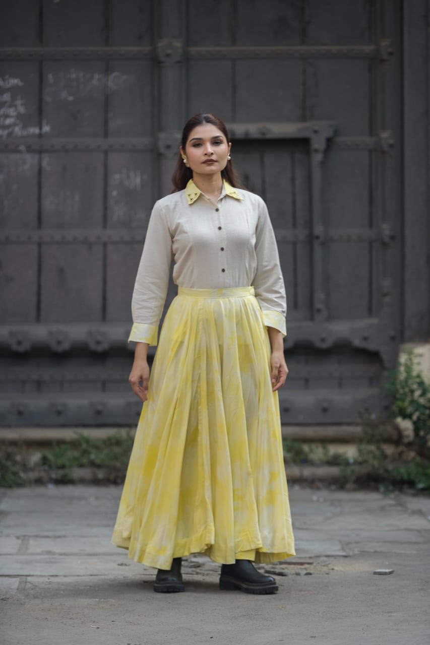Ivory Button-Down Shirt with Yellow Flared Skirt Co-ord Set