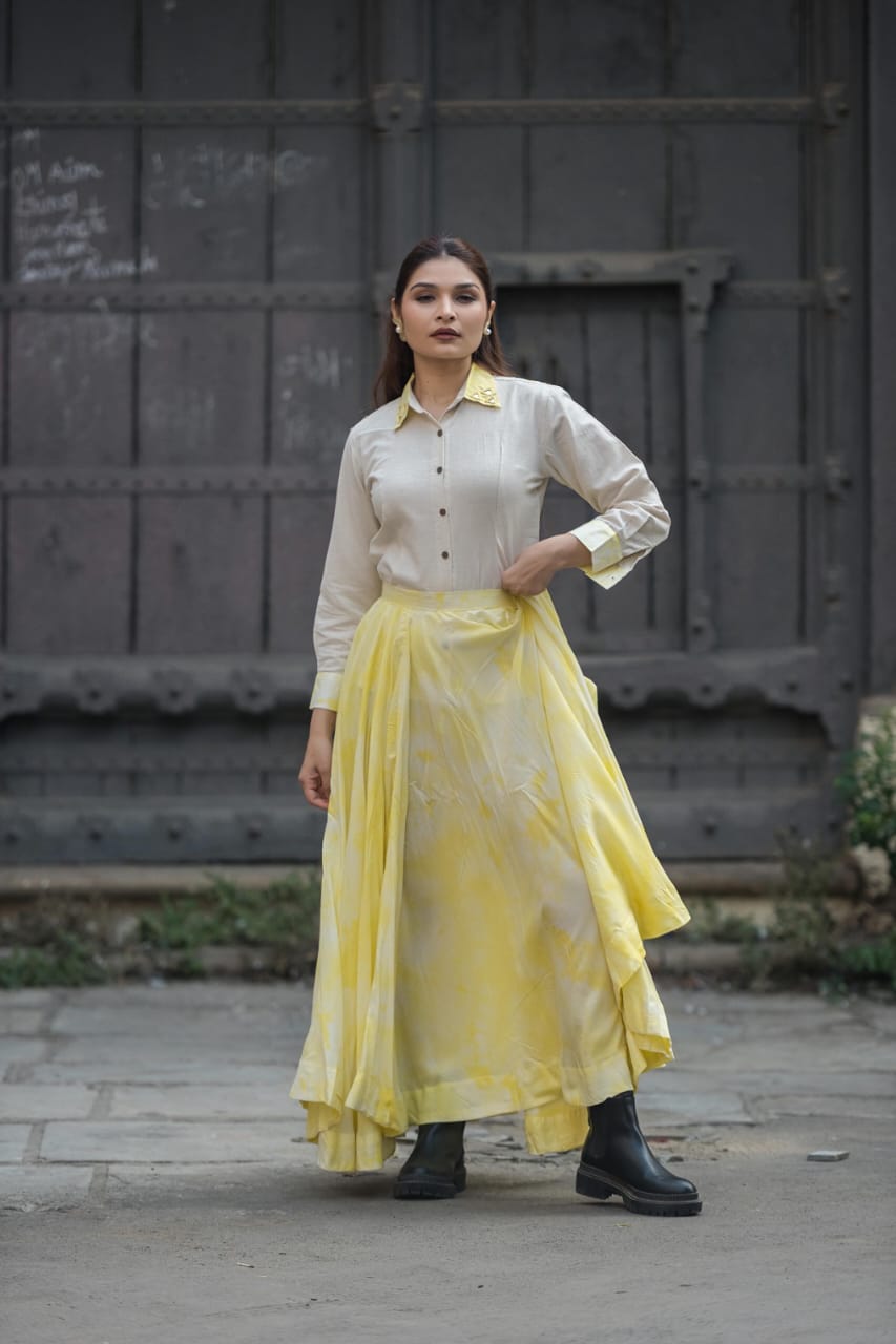 Ivory Button-Down Shirt with Yellow Flared Skirt Co-ord Set
